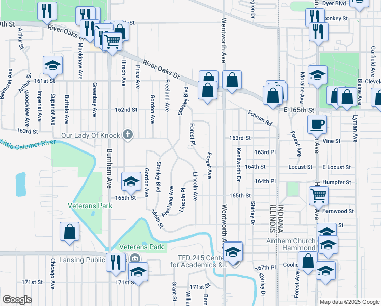 map of restaurants, bars, coffee shops, grocery stores, and more near 1428 Forest Place in Calumet City