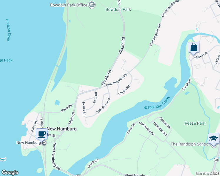map of restaurants, bars, coffee shops, grocery stores, and more near 47 Channingville Road in Wappingers Falls