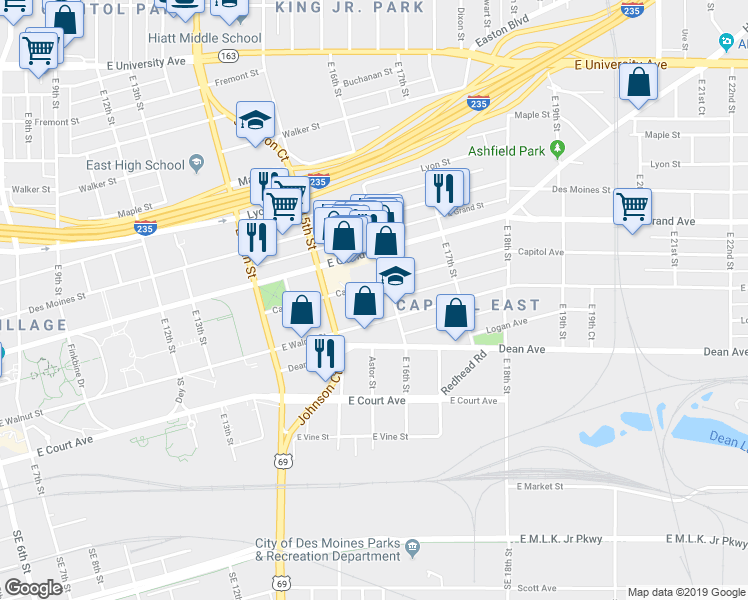 map of restaurants, bars, coffee shops, grocery stores, and more near 320 East 16th Street in Des Moines