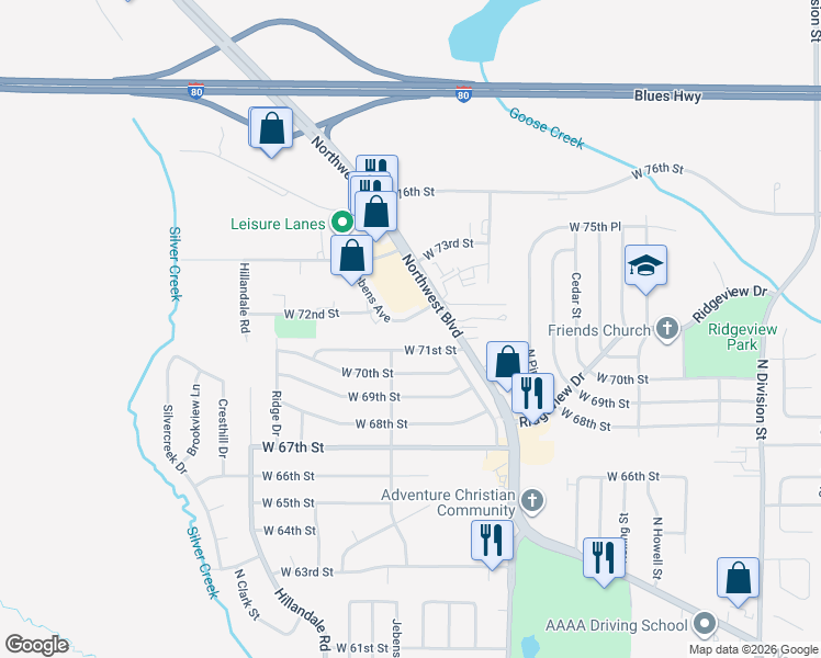 map of restaurants, bars, coffee shops, grocery stores, and more near in Davenport