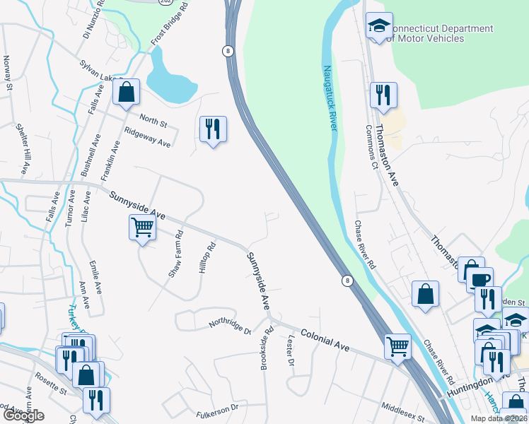 map of restaurants, bars, coffee shops, grocery stores, and more near 71 Old Colonial Road in Watertown