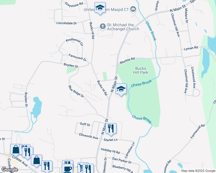 map of restaurants, bars, coffee shops, grocery stores, and more near 2817 North Main Street in Waterbury