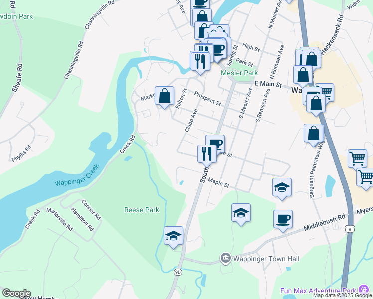 map of restaurants, bars, coffee shops, grocery stores, and more near 7 Creekview Court in Wappingers Falls