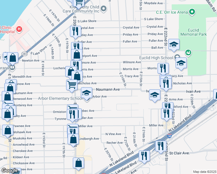 map of restaurants, bars, coffee shops, grocery stores, and more near 20771 Nicholas Avenue in Euclid