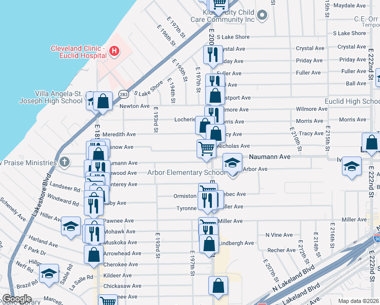 map of restaurants, bars, coffee shops, grocery stores, and more near 19831 Pasnow Avenue in Euclid