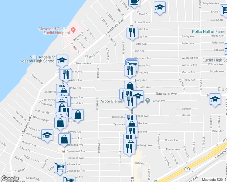 map of restaurants, bars, coffee shops, grocery stores, and more near 19561 Pasnow Avenue in Euclid