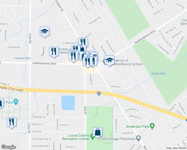 map of restaurants, bars, coffee shops, grocery stores, and more near in Toledo