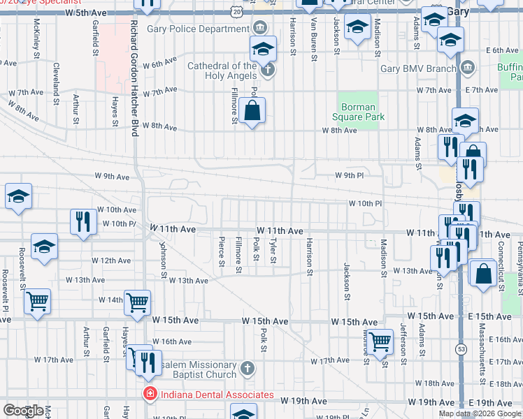 map of restaurants, bars, coffee shops, grocery stores, and more near 1039 Polk Street in Gary