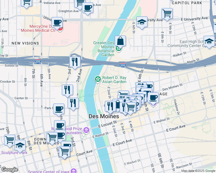 map of restaurants, bars, coffee shops, grocery stores, and more near 102 East Center Street in Des Moines