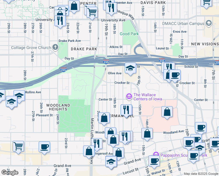 map of restaurants, bars, coffee shops, grocery stores, and more near 901 19th Street in Des Moines