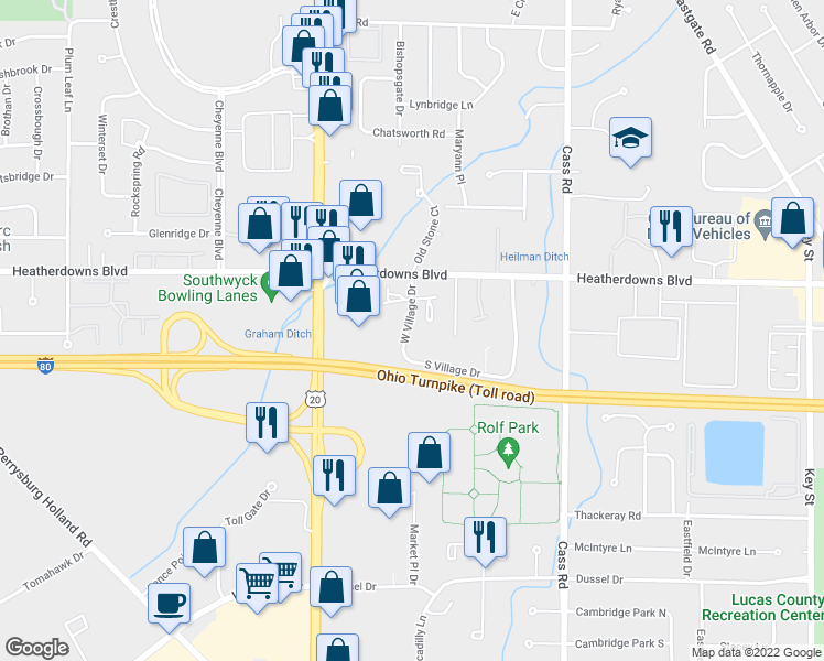 map of restaurants, bars, coffee shops, grocery stores, and more near 2657 West Village Drive in Toledo