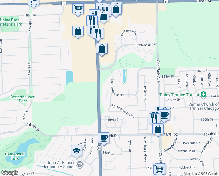 map of restaurants, bars, coffee shops, grocery stores, and more near 16359 Brementowne Road in Tinley Park