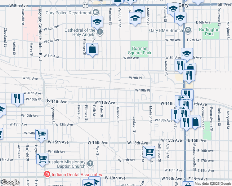 map of restaurants, bars, coffee shops, grocery stores, and more near in Gary