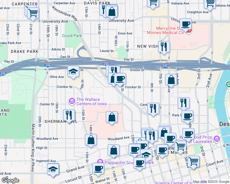 map of restaurants, bars, coffee shops, grocery stores, and more near 1240 Keosauqua Way in Des Moines