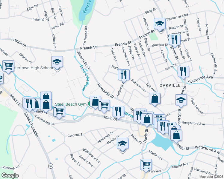 map of restaurants, bars, coffee shops, grocery stores, and more near 23 Prospect Avenue in Watertown