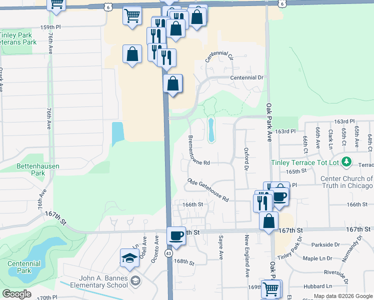 map of restaurants, bars, coffee shops, grocery stores, and more near 16414 Brementowne Road in Tinley Park
