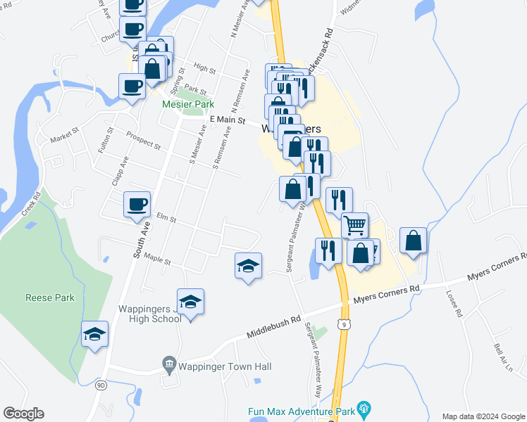 map of restaurants, bars, coffee shops, grocery stores, and more near 58 Wenliss Terrace in Wappingers Falls