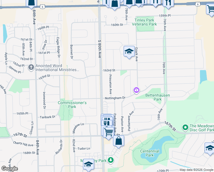 map of restaurants, bars, coffee shops, grocery stores, and more near 7948 164th Place in Tinley Park