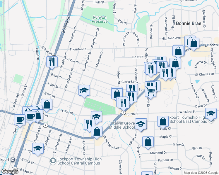 map of restaurants, bars, coffee shops, grocery stores, and more near 556 East 3rd Street in Lockport