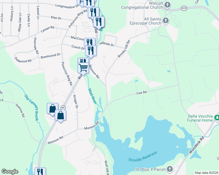 map of restaurants, bars, coffee shops, grocery stores, and more near 191 Brooks Hill Road in Wolcott