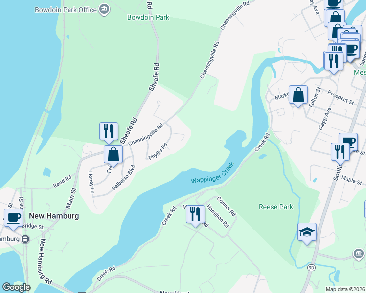 map of restaurants, bars, coffee shops, grocery stores, and more near 11 Donny Drive in Wappingers Falls