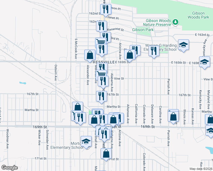 map of restaurants, bars, coffee shops, grocery stores, and more near 6602 Kennedy Avenue in Hammond