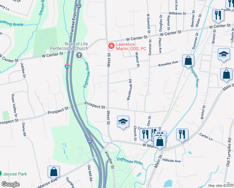 map of restaurants, bars, coffee shops, grocery stores, and more near 18 Maxwell Drive in Southington