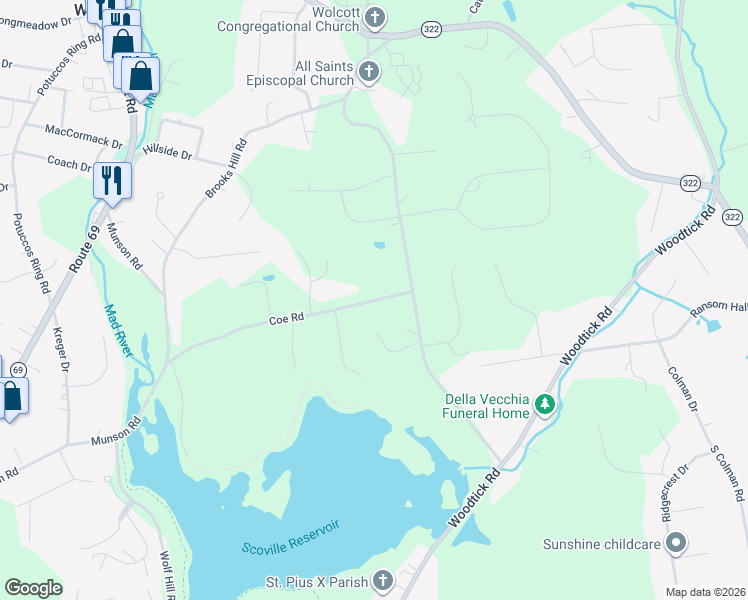 map of restaurants, bars, coffee shops, grocery stores, and more near 30 Coe Road in Wolcott