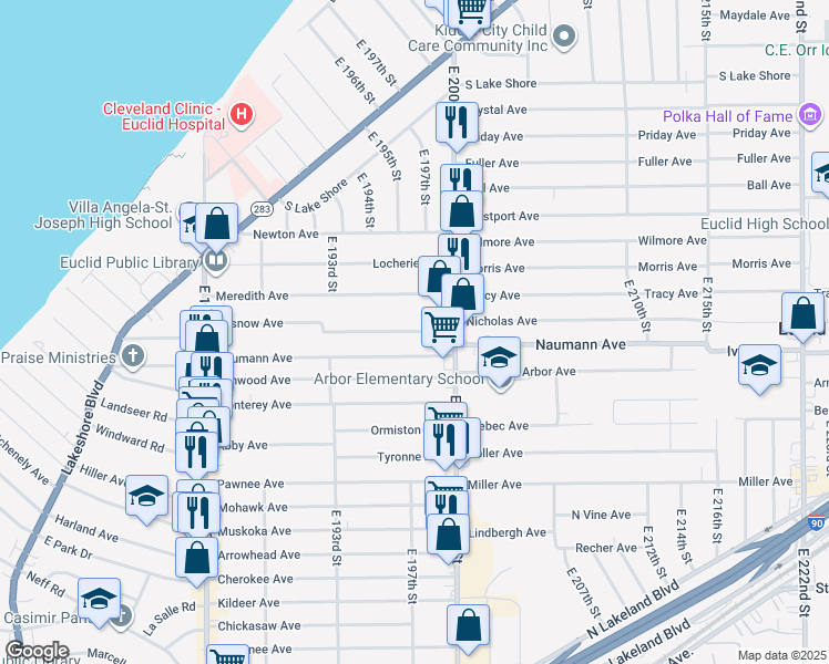 map of restaurants, bars, coffee shops, grocery stores, and more near 19831 Pasnow Avenue in Euclid