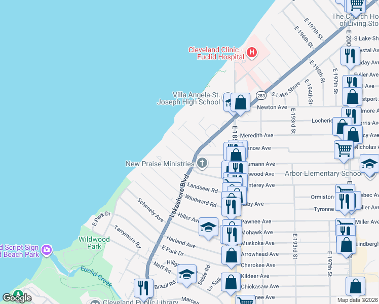 map of restaurants, bars, coffee shops, grocery stores, and more near 17915 Rosecliff Road in Cleveland