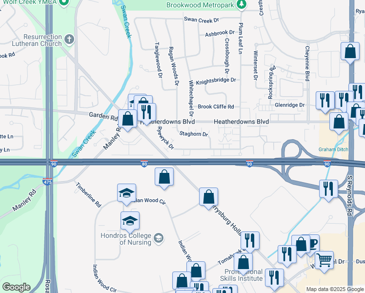 map of restaurants, bars, coffee shops, grocery stores, and more near 5841 Staghorn Drive in Toledo