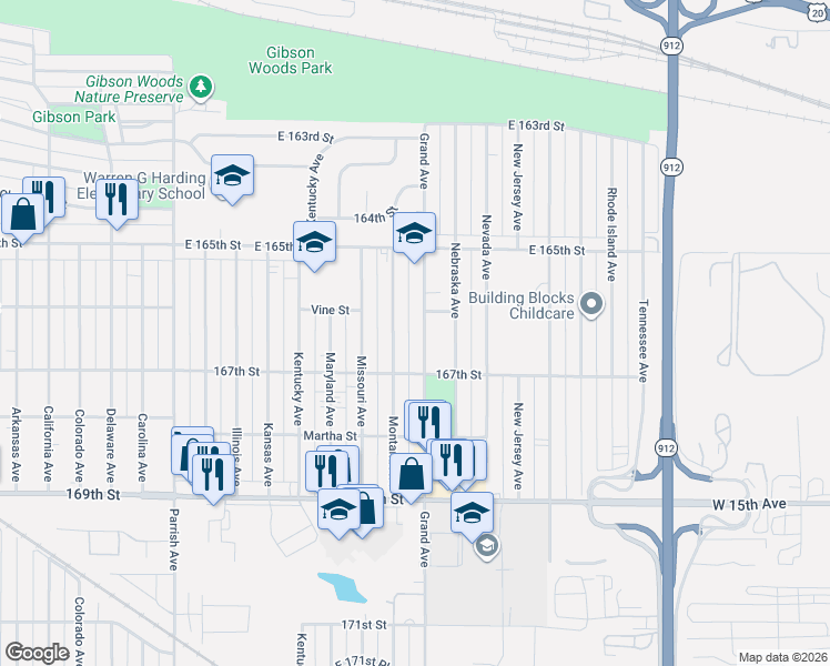 map of restaurants, bars, coffee shops, grocery stores, and more near 6602 Grand Avenue in Hammond