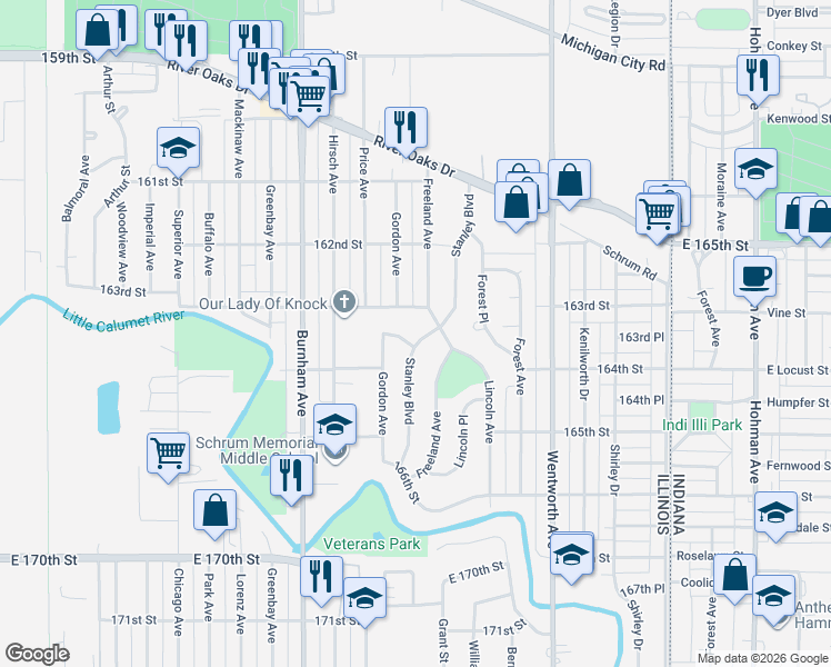 map of restaurants, bars, coffee shops, grocery stores, and more near 441 163rd Street in Calumet City
