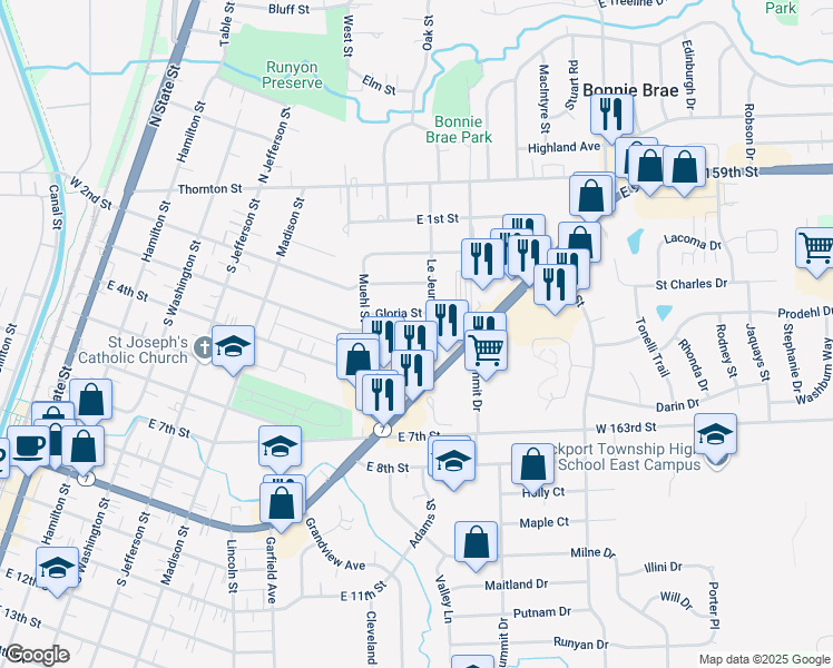 map of restaurants, bars, coffee shops, grocery stores, and more near 615 Gloria Street in Lockport