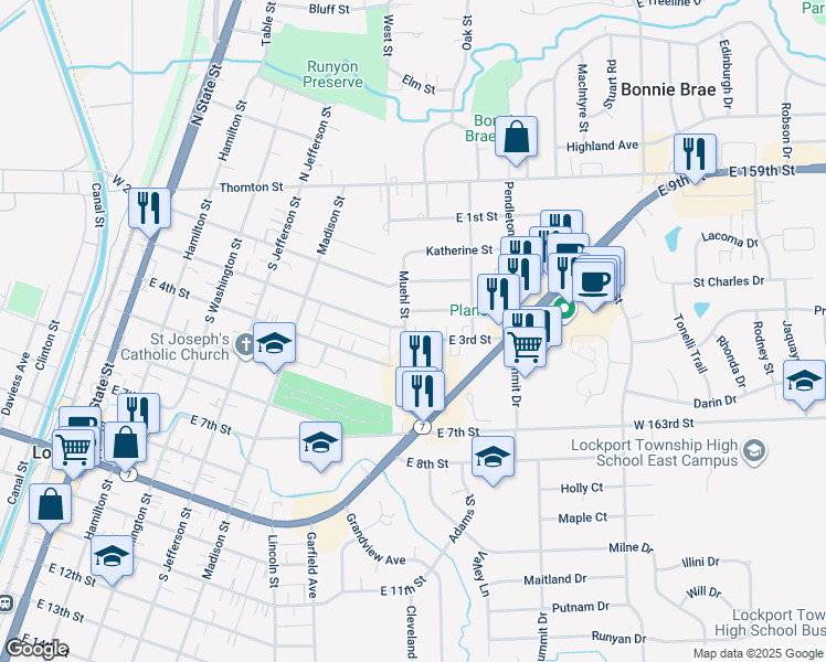 map of restaurants, bars, coffee shops, grocery stores, and more near 605 Gloria Street in Lockport