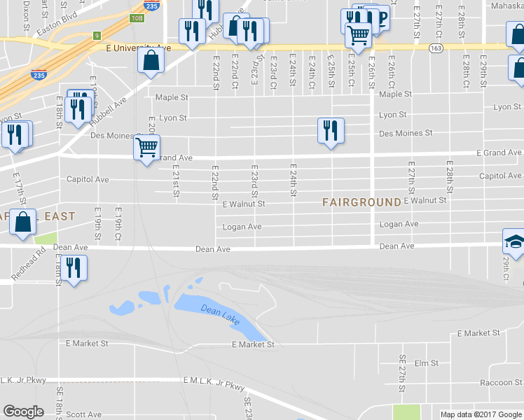 map of restaurants, bars, coffee shops, grocery stores, and more near 2312 East Walnut Street in Des Moines