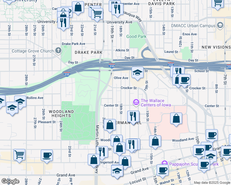map of restaurants, bars, coffee shops, grocery stores, and more near 901 19th Street in Des Moines
