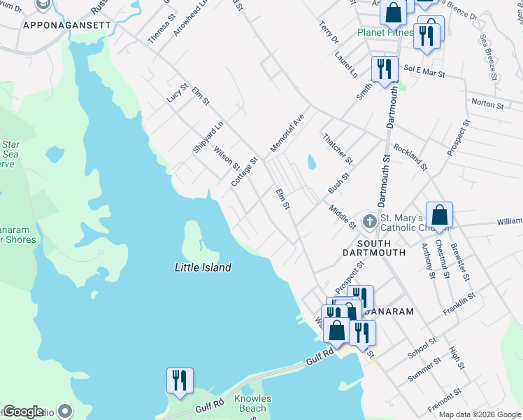 map of restaurants, bars, coffee shops, grocery stores, and more near 21 Wilson Street in Dartmouth