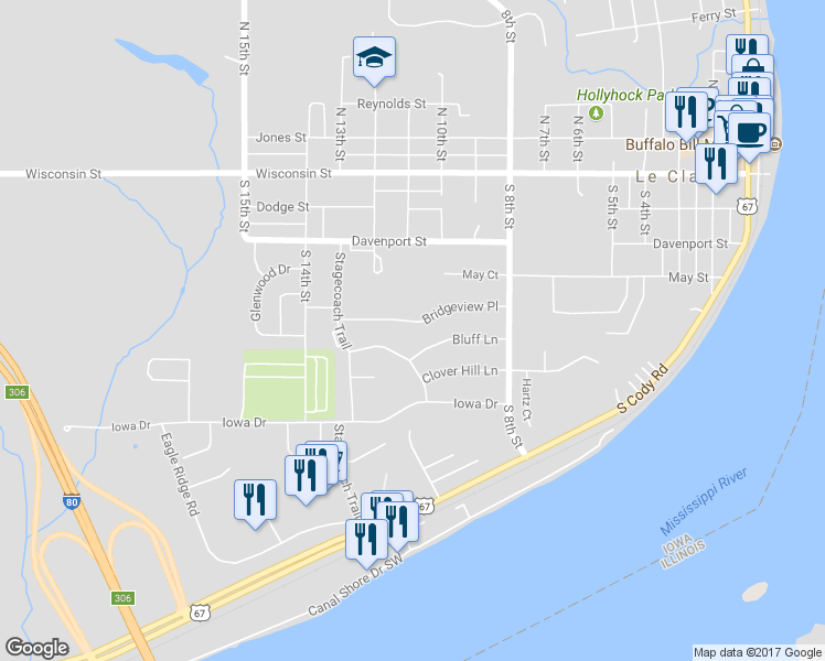 map of restaurants, bars, coffee shops, grocery stores, and more near 1098 Bridgeview Place in Le Claire