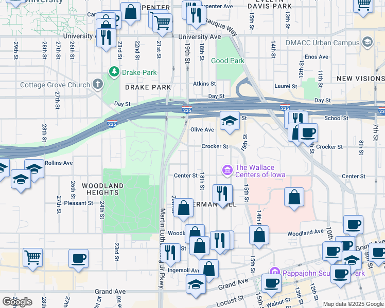 map of restaurants, bars, coffee shops, grocery stores, and more near 851 19th Street in Des Moines