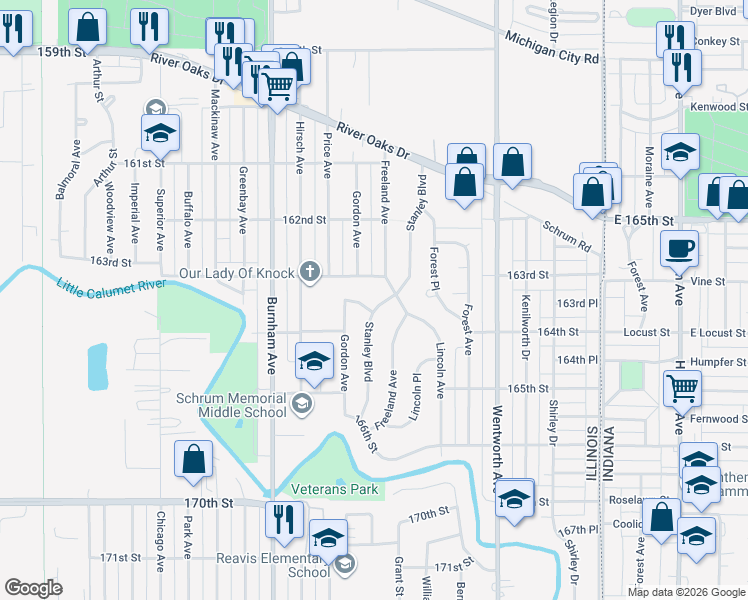map of restaurants, bars, coffee shops, grocery stores, and more near 1426 Stanley Boulevard in Calumet City