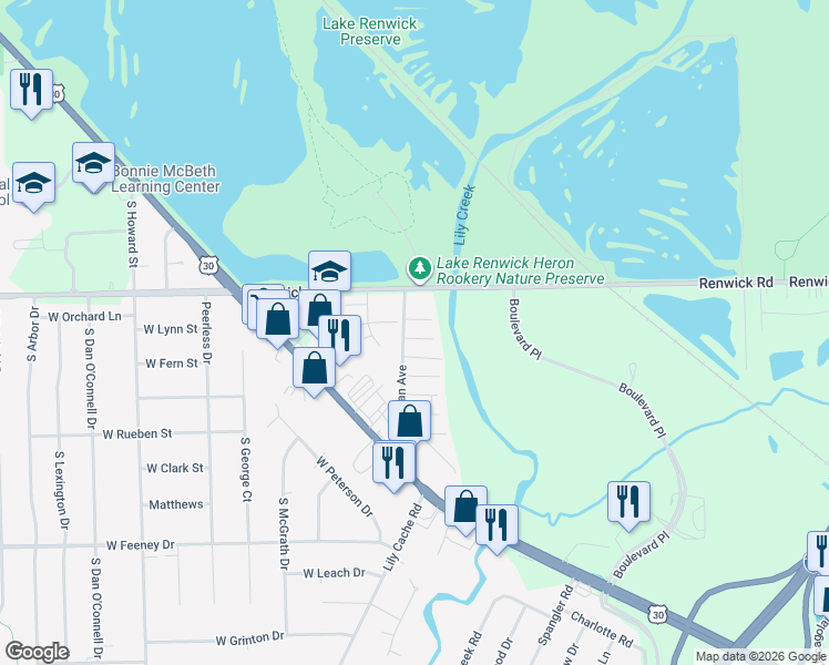 map of restaurants, bars, coffee shops, grocery stores, and more near 15931 McClellan in Plainfield