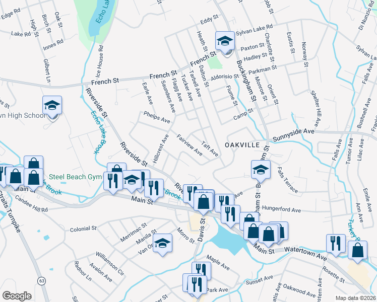 map of restaurants, bars, coffee shops, grocery stores, and more near 69 Fairview Avenue in Watertown