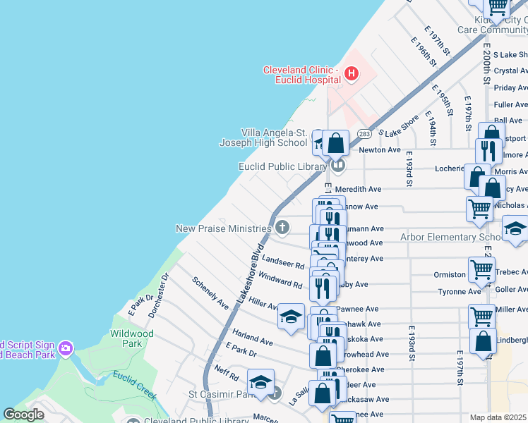 map of restaurants, bars, coffee shops, grocery stores, and more near 17915 Rosecliff Road in Cleveland