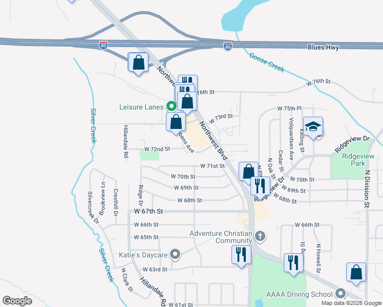 map of restaurants, bars, coffee shops, grocery stores, and more near 2751 West 72nd Street in Davenport