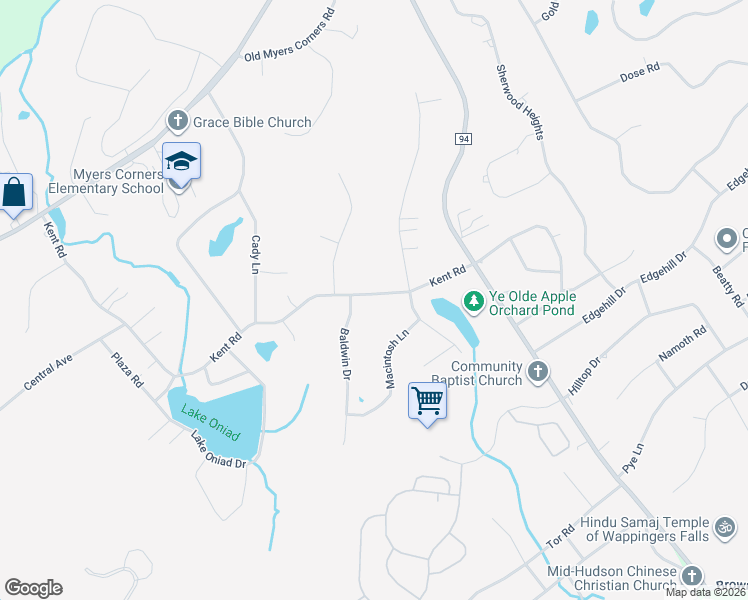 map of restaurants, bars, coffee shops, grocery stores, and more near 90 Kent Road in Wappingers Falls