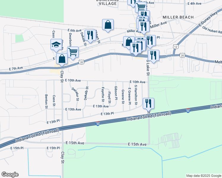 map of restaurants, bars, coffee shops, grocery stores, and more near 1047 Floyd Street in Gary