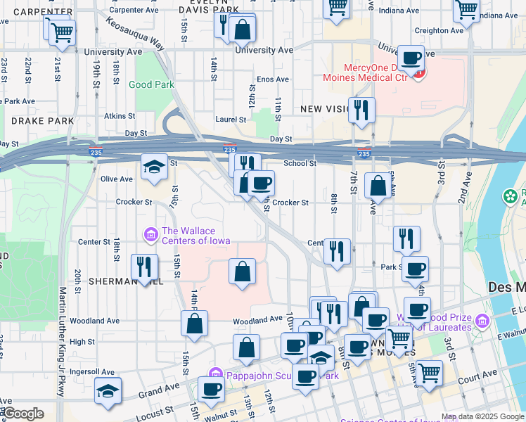 map of restaurants, bars, coffee shops, grocery stores, and more near 1240 Keosauqua Way in Des Moines