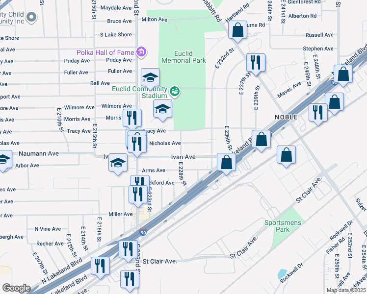 map of restaurants, bars, coffee shops, grocery stores, and more near 22812 Nicholas Avenue in Euclid