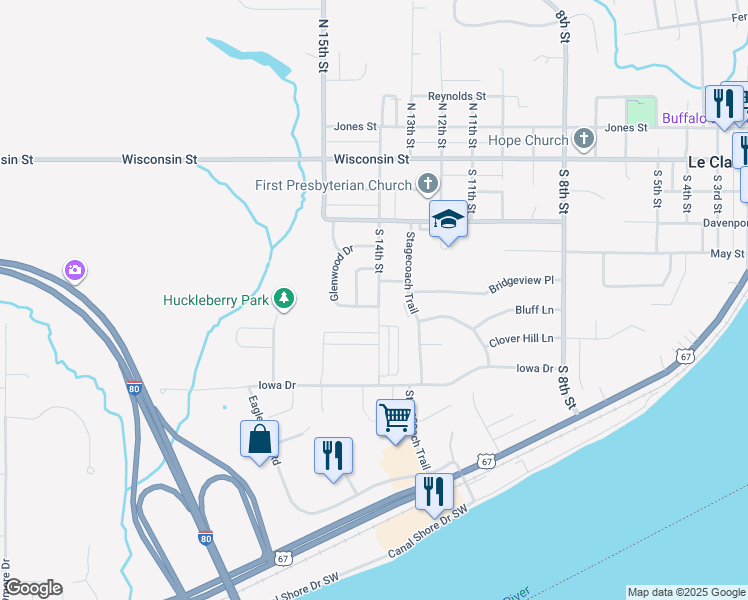 map of restaurants, bars, coffee shops, grocery stores, and more near 1464 Kaylann Drive in Le Claire